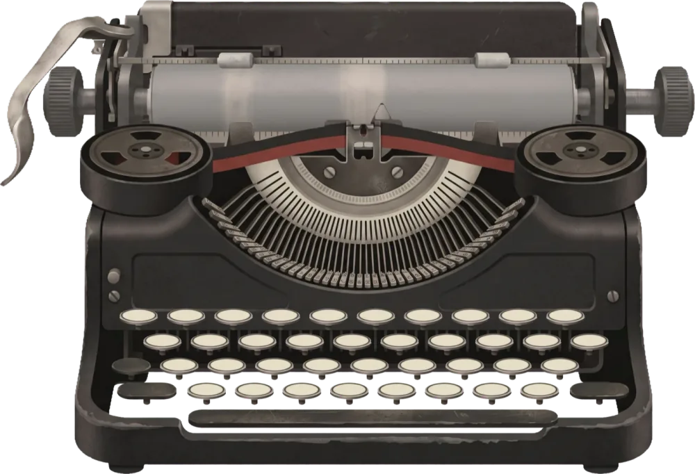 An iron 1930s typewriter, lit by a single lamp